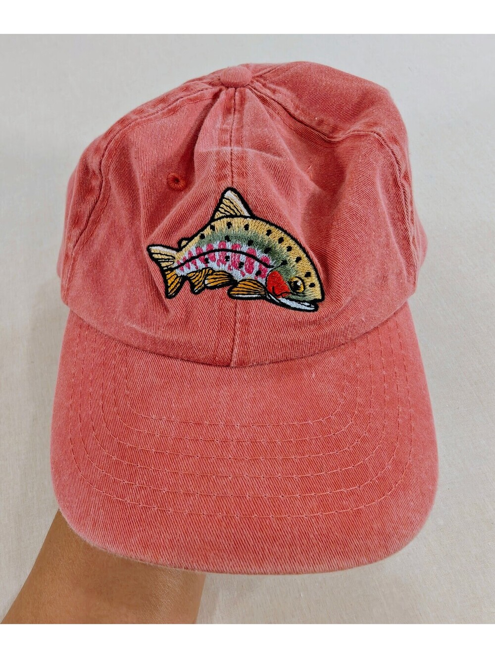 Vintage Red Baseball Cap with Embroidered Fish Design, Adjustable Strap